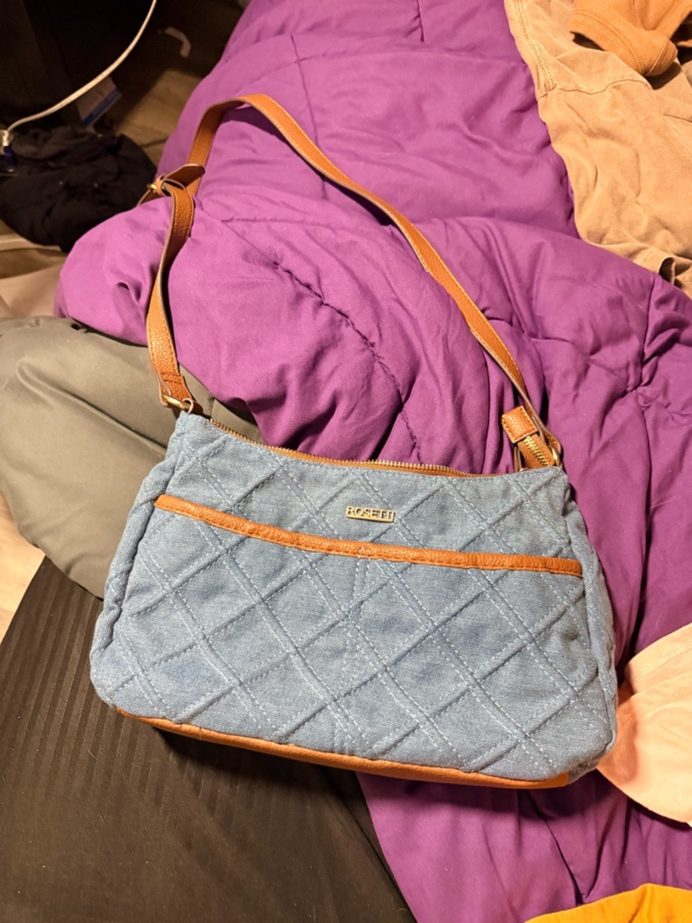 Rosetti Blue Quilted Crossbody with Tan Trim